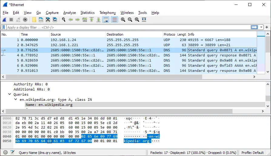 Giao diện Wireshark bắt gói tin DNS, phần chi tiết hiển thị từng lớp giao thức của gói