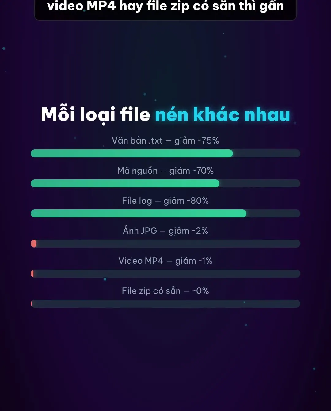 Biểu đồ tỉ lệ nén: văn bản, mã nguồn, log giảm 70 đến 80 phần trăm, còn JPG, MP4, zip gần như không giảm