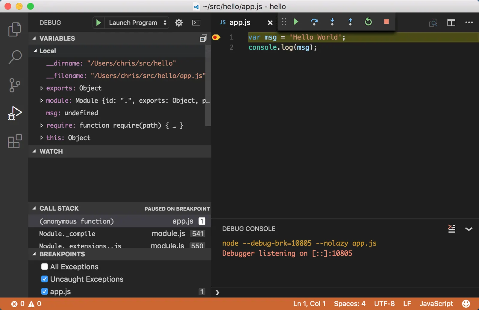 Trình soạn thảo code đang tạm dừng ở breakpoint khi debug một ứng dụng Node.js