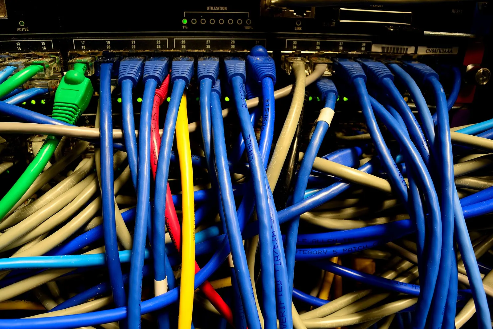 Hàng chục dây mạng xanh, vàng, đỏ cắm vào các cổng của một switch trong tủ mạng
