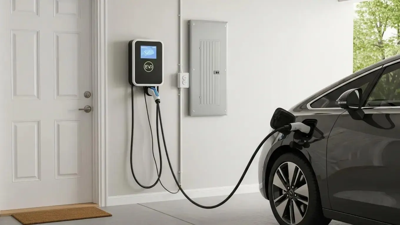 Xe điện cắm sạc qua đêm bằng bộ sạc treo tường trong garage