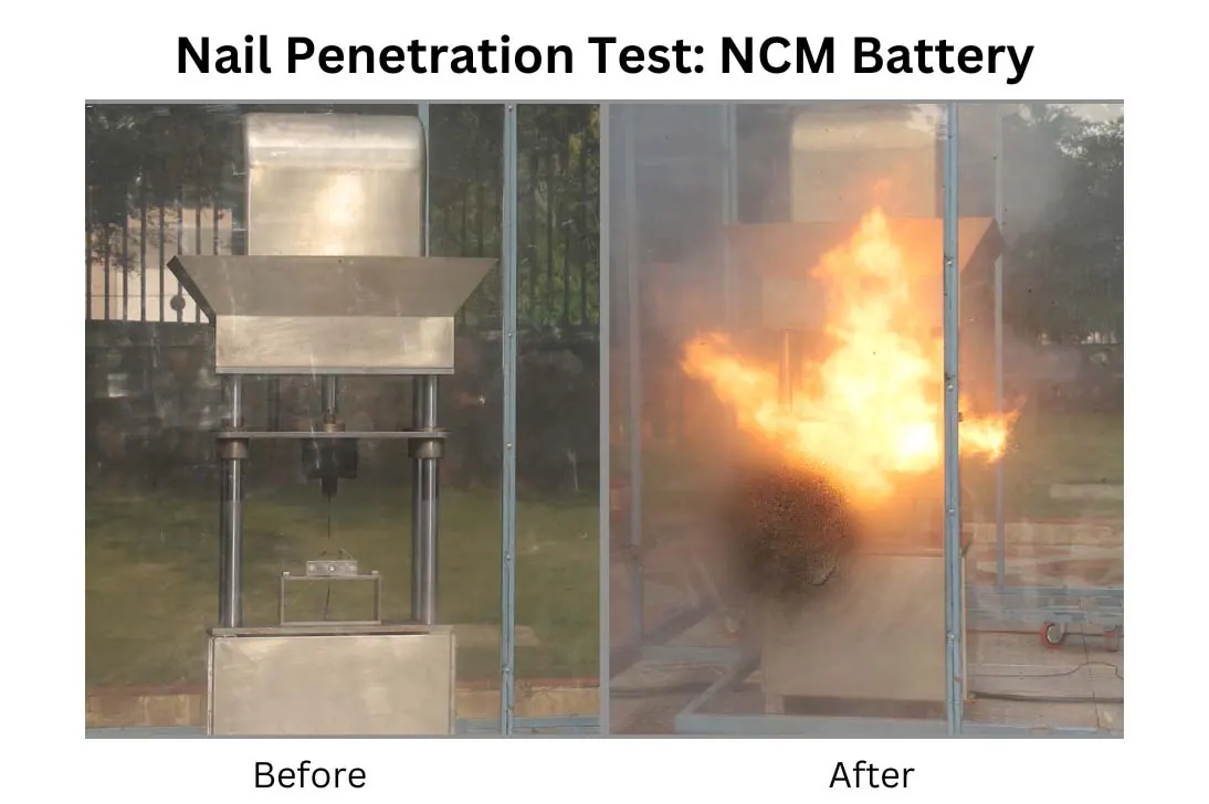 Thử nghiệm đâm đinh xuyên cell pin NCM, trước và sau khi bốc cháy