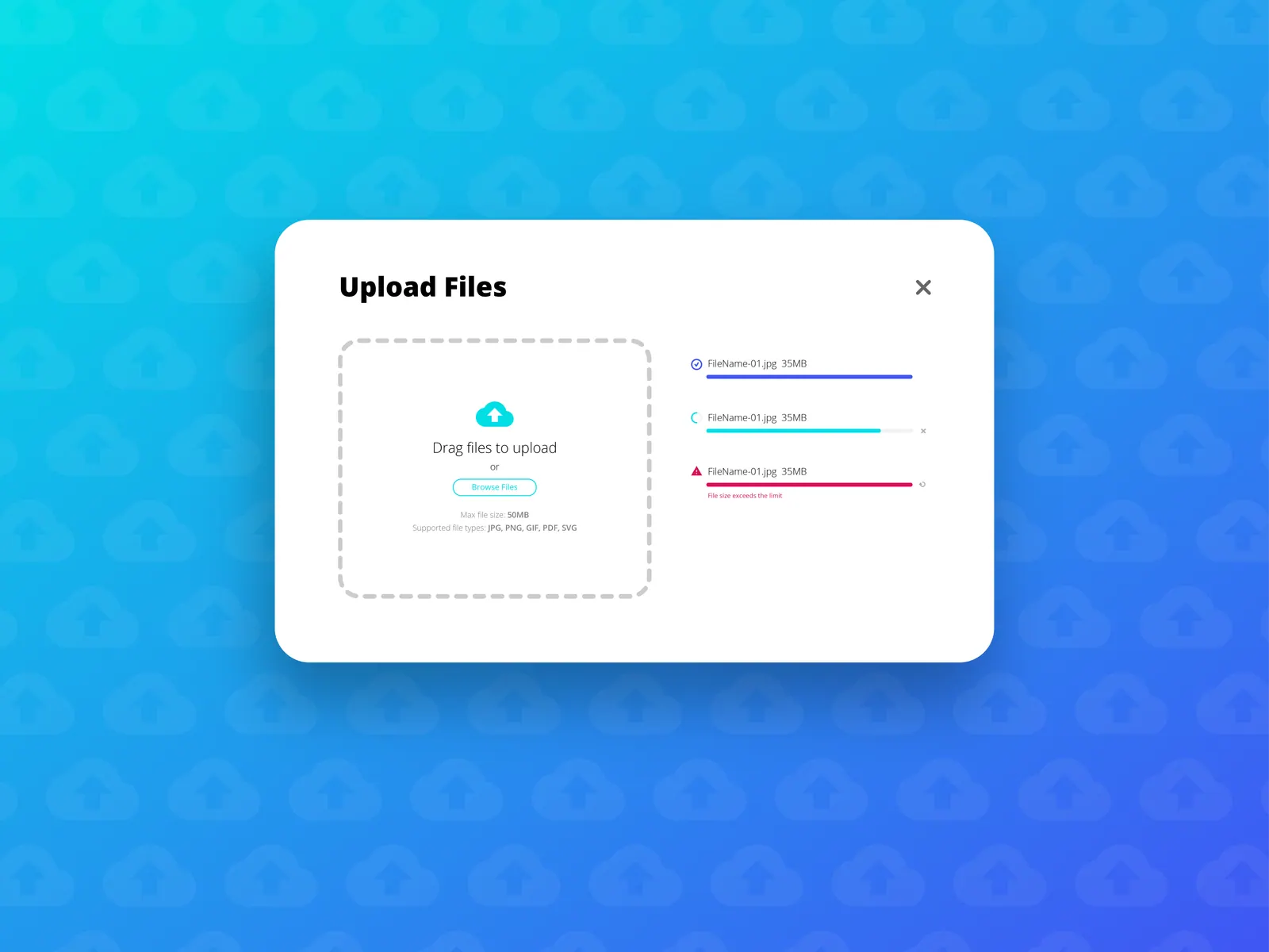 Hộp thoại upload file với các thanh tiến trình đang chạy